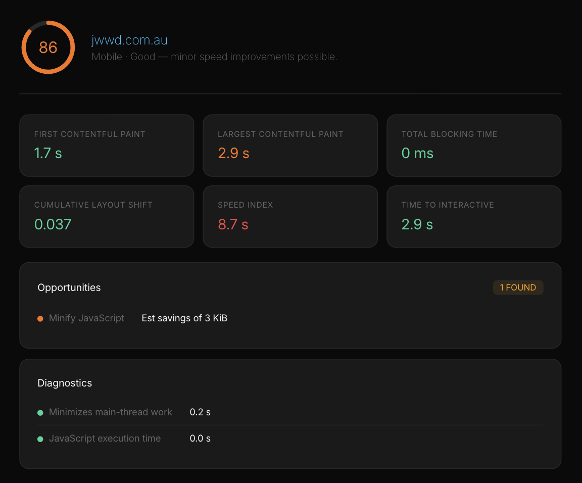 Site Speed Check mobile report for jwwd.com.au showing a performance score of 86, with First Contentful Paint 1.7s, Largest Contentful Paint 2.9s, Total Blocking Time 0ms, Cumulative Layout Shift 0.037, Speed Index 8.7s and Time to Interactive 2.9s, plus one optimisation opportunity.